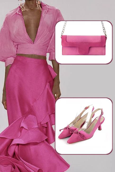 Women's fuchsia pink and hot pink elegant slingback heels, with a bow on the front. Tapered toe. Medium spool heels - Top view